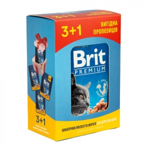 Набір паучів 3+1 для котів Brit Premium Cat pouch з лососем і фореллю, 4 х 100г