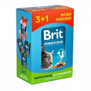 Набір паучів 3+1 для стерилізованих котів Brit Premium Cat pouch Chicken Slices for Sterilised з куркою, 4х100г