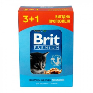 ���� ������ 3+1 ��� ������� Brit Premium Cat pouch Chicken Chunks for Kitten � ������, 4�100�